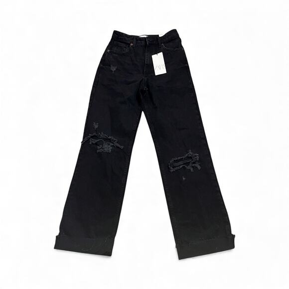 Zara Black Wide Leg Distressed Jeans Size 6 New High Waist - Picture 1 of 10
